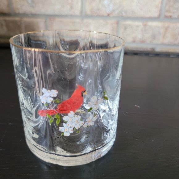 Bird Cardinal and Gold Finch lowball cocktail glasses‎ gold rim wavy glass - Picture 3 of 6